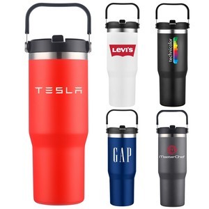 Scenesetter 30oz Double Wall Vacuum Insulated Thermos with Sip Straw and Carrying Handle